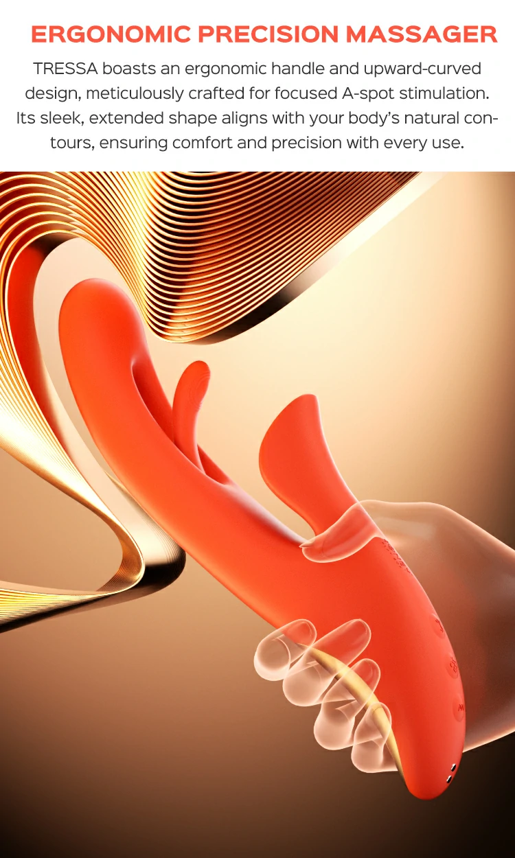 TRESSA boasts an ergonomic handle and upward-curved design, meticulously crafted for focused A-spot stimulation. Its sleek, extended shape aligns with your body’s natural contours, ensuring comfort and precision with every use.